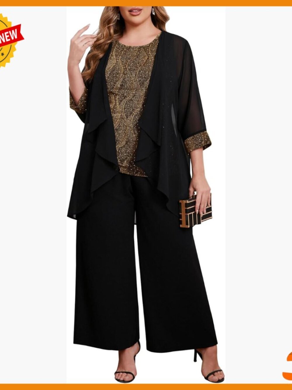 Plus Size Formal Pantsuit 3 Piece Set Chiffon Jacket Sparkly Tank Wide Leg